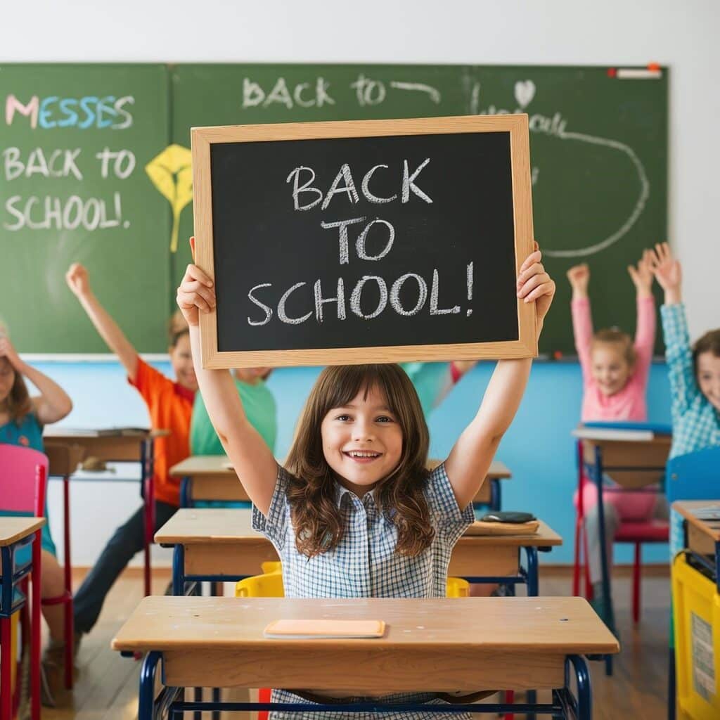 Image of a student girl raising a sign with the phrase "Back to school" in the middle of a classroom